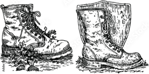 Detailed Sketch of Antique Hiking Boots with Nature Elements