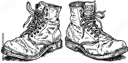 Detailed Hand-Drawn Illustration of Old-Fashioned Hiking Boots