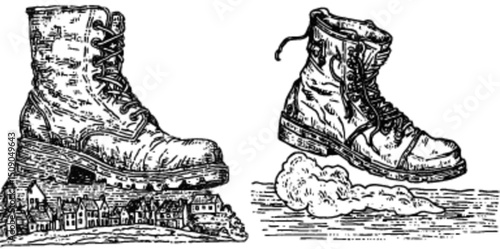 Detailed Illustration of Boots with Unique Architectural Elements