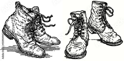Hand-Drawn Vintage Leather Boots Illustration in Black and White