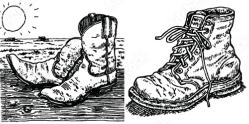 Detailed Illustration of Cowboy Boots and Work Boots in Landscape