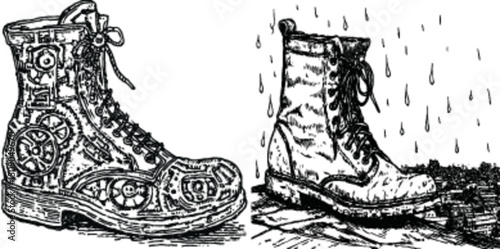 Detailed Pen and Ink Illustration of Steampunk and Classic Boots