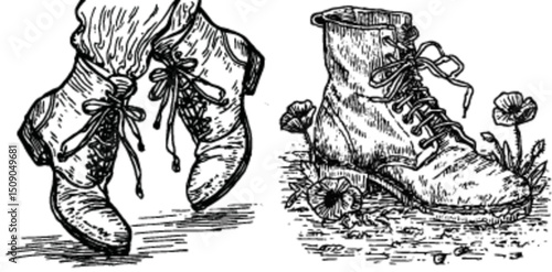 Vintage Hand-Drawn Illustration of Classic Lace-Up Boots and Shoes