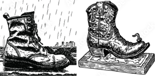 Vintage Drawing of Different Types of Boots in Detailed Illustration