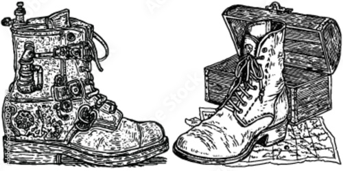 Detailed Hand-Drawn Illustration of Vintage Work Boots and Chest
