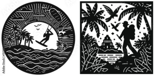 Tropical Adventure with Palm Trees and Water Sports Illustration