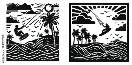 Dynamic Water Sports Illustration Featuring Kitesurfing and Palm Trees