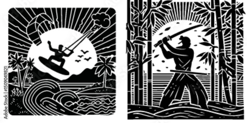 Dynamic Kite Surfing and Traditional Samurai Illustration Art