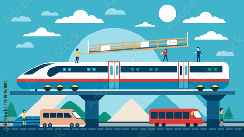A highspeed train system operates above ground elevating passengers above the bustling traffic below and delivering them to their destinations in record time.. Vector illustration