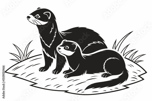 Black and white illustration of two ferrets in natural habitat
