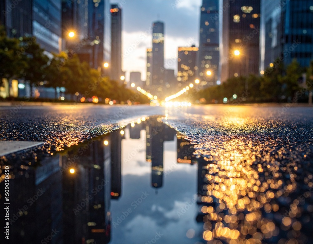 Night sleeping city in the reflection of a puddle, romance, rest for the soul Night sleeping city in the reflection of a puddle, romance, rest for the soul