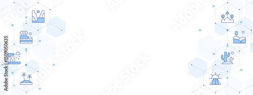 Landscape Banner Vector Illustration with Two-sided Icon Style. Line Duotone icon. Containing. fjord, lake, cliff, oasis, positive attitude, cactus, hill, landscape