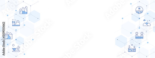 Landscape Banner Vector Illustration with Two-sided Icon Style. Line Duotone icon. Containing. fiord, nature, river, desert, field, sunset, farm