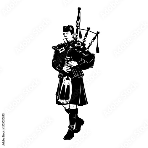 Scottish bagpiper playing bagpipes isolated on white background, wearing a kilt and traditional dress, a symbol of scottish culture and heritage