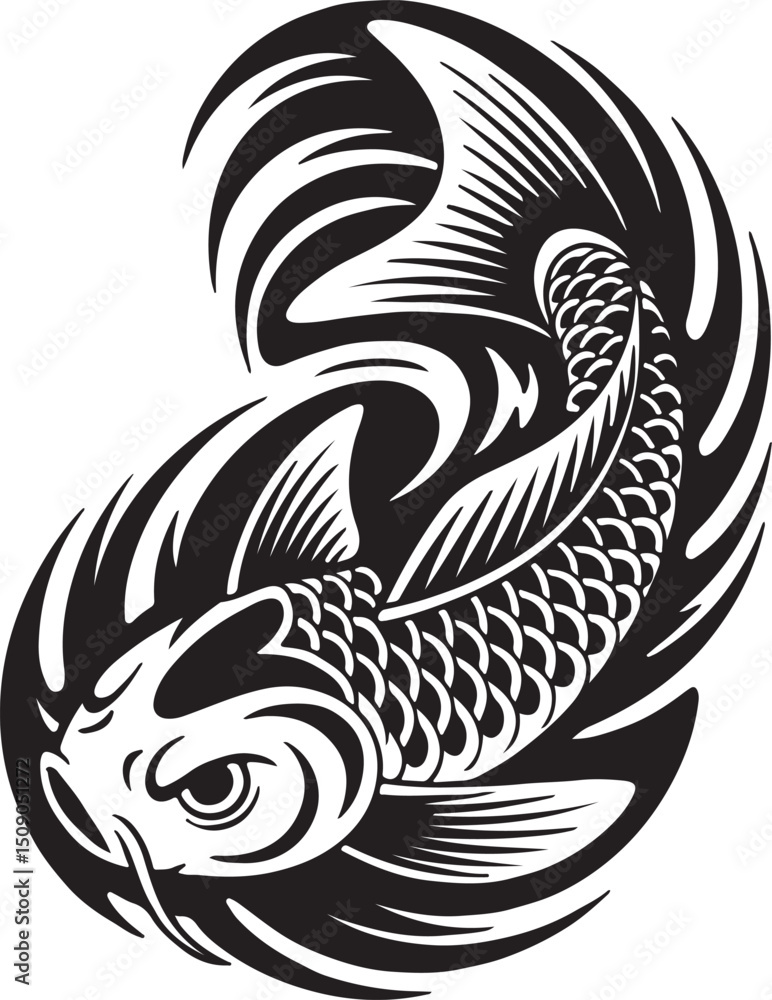 Obraz premium Stylized Fish Vector Illustration – Black and White Tribal Design