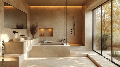 A minimalist bathroom design featuring a sleek concrete sink with clean, sharp lines. The space is illuminated by soft natural light pouring in through a large window, accentuating the smooth, polishe