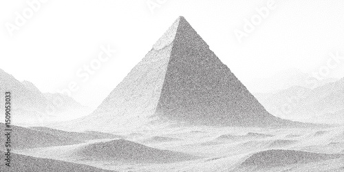 Grainy stipple halftone illustration of a large pyramid in desert dunes. Minimal ancient landmark in monochrome texture style