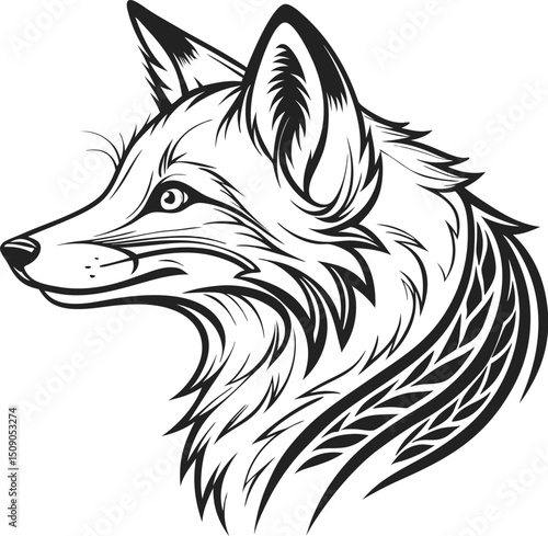 Symmetrical Black and White Fox Head Drawing in Tattoo Style