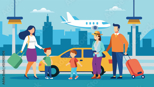 A family arriving at the airport and being whisked away by an air taxi to their final destination avoiding the hassle of finding a connecting mode of transport.. Vector illustration