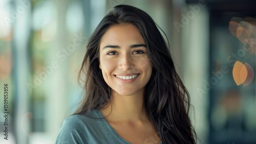 Wallpaper Mural Close-up portrait of a smiling young woman with long dark hair, soft lighting, and a blurred background. Torontodigital.ca