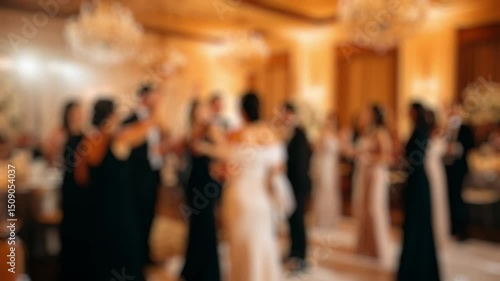 Guests dancing at wedding reception with defocused background