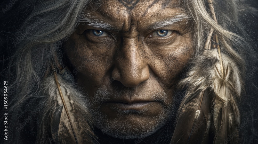 Hyperrealistic portrait of an elderly native american man in traditional feathers Hyperrealistic portrait of an elderly native american man in traditional feathers
