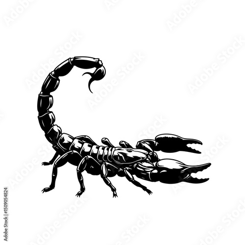 Scorpion with claws and stinger isolated on white background, a venomous arachnid predator in black and white vector illustration, perfect for tattoo or graphic design