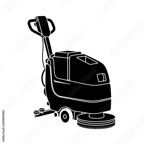 Floor scrubber cleaning machine isolated on white background, an industrial equipment for maintenance and hygiene, featuring a handle, brush, and wheels