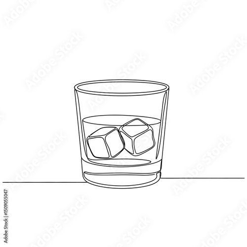Whiskey glass with ice cubes isolated on white background in a minimalist one line drawing style, showcasing a modern and elegant design for a refreshing drink