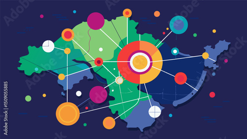 A digital map overlaid with colorcoded data points shows predicted patterns of population growth in a city aiding urban planners in making informed decisions on where to allocate. Vector illustration