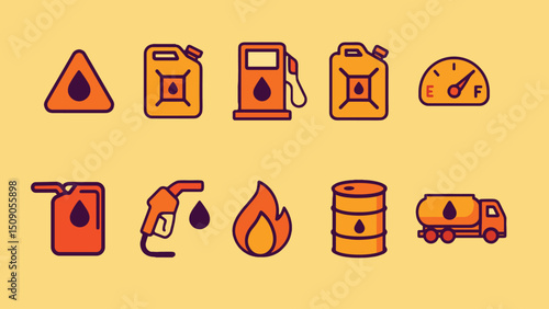 Fuel and gasoline icon pack featuring pumps, jerrycans, oil barrels, flames and gas trucks in warm orange tones