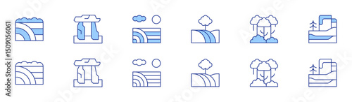 Landscape icon set in two styles, Duotone and Thin Line style. Editable stroke. field, megalith, forest, meadow, winter