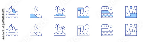 Landscape icon set in two styles, Duotone and Thin Line style. Editable stroke. iceberg, cliff, hill, lake, oasis, fjord