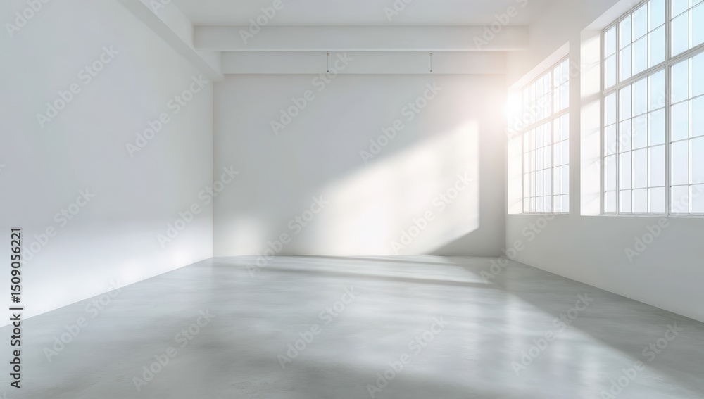 A spacious, empty white room with large windows letting in natural sunlight, casting soft shadows on the floor. A spacious, empty white room with large windows letting in natural sunlight, casting soft shadows on the floor.