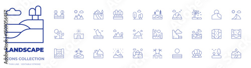 Landscape icons collection. Thin Line icons, editable stroke. waterfall, river, desert, mountain, contemplation, island, valley, landscape, mountains, forest, nature, iceberg, dune, field