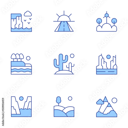 Landscape icons set. Line Duotone style, editable stroke. cliff, positive attitude, landscape, lake, cactus, canyon, fjord, hill, mountain range