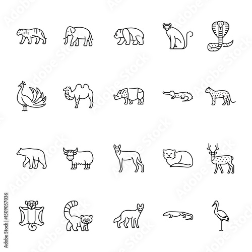 Asian animals black line icons set for digital and print projects.