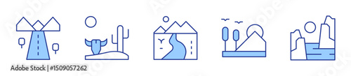 road, desert, fiord, river, nature. Landscape Icon vector illustration. Line Duotone style. Editable stroke