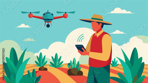 A farmer inspects his crops from the comfort of his air taxi watching as the specialized drones perform delicate tasks with precision and efficiency.. Vector illustration