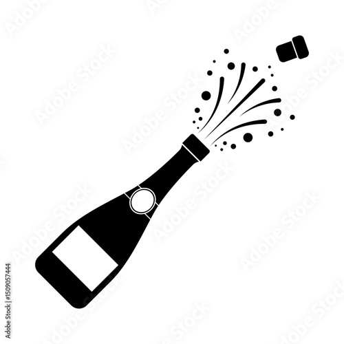 Champagne Bottle Popping Vector Illustration. A champagne bottle being opened with a cork flying off and bubbly spray bursting out.