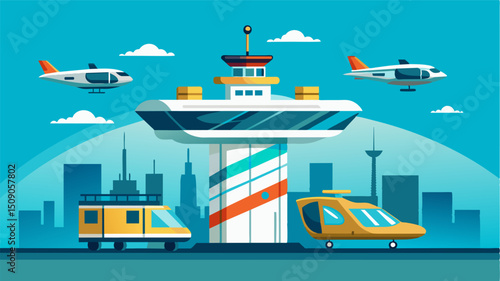 A model exhibit of a skyport where air taxis will take off and land equipped with advanced technology for efficient and safe operations.. Vector illustration