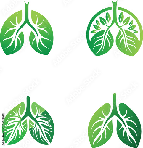 Green Lungs Logo Set with Leaf and Nature Elements for Health and Environment