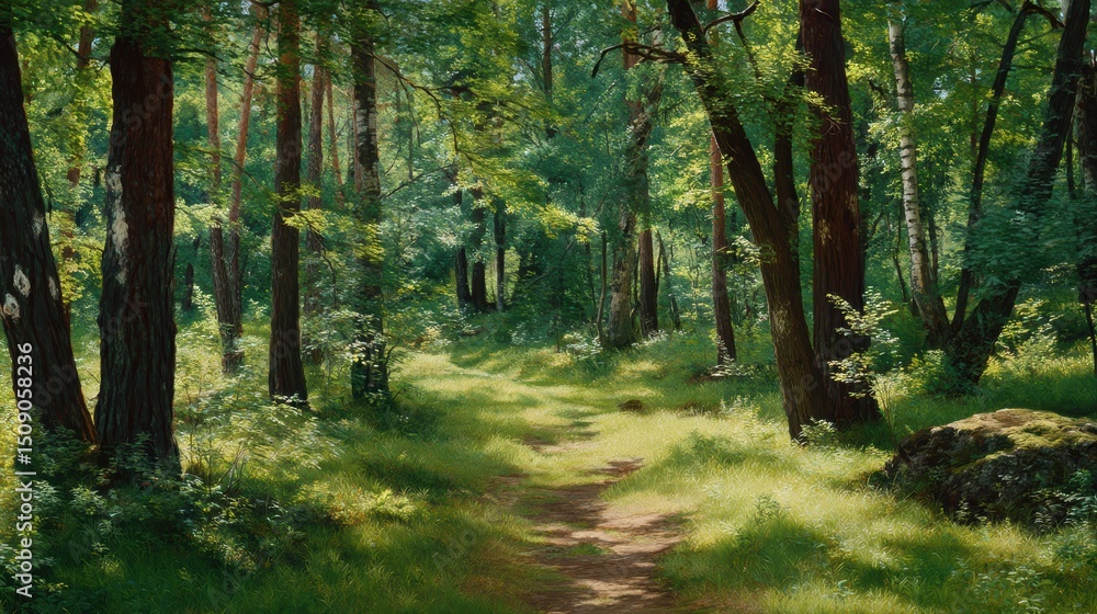 Obraz premium path through forest with dappled sunlight and green leaves, early summer