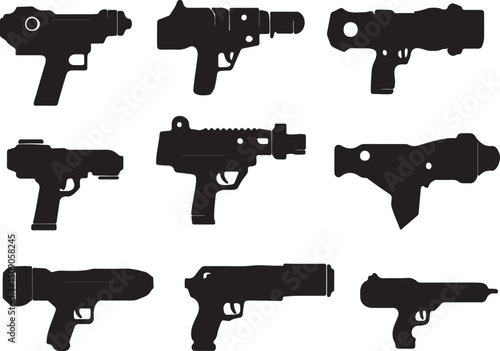 Sci-Fi Gun Silhouettes Vector: Futuristic Blasters, Weapons, Sci-Fi Firearm Clipart, Black and White