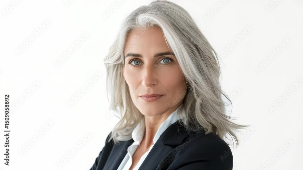 Confident portrait of a mature woman with silver hair in a business suit, looking directly at the camera Confident portrait of a mature woman with silver hair in a business suit, looking directly at the camera