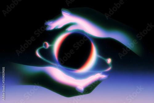A pair of ethereal hands gently cradling a glowing black hole with swirling cosmic energy and celestial bodies orbiting around it in a dark, starry universe.