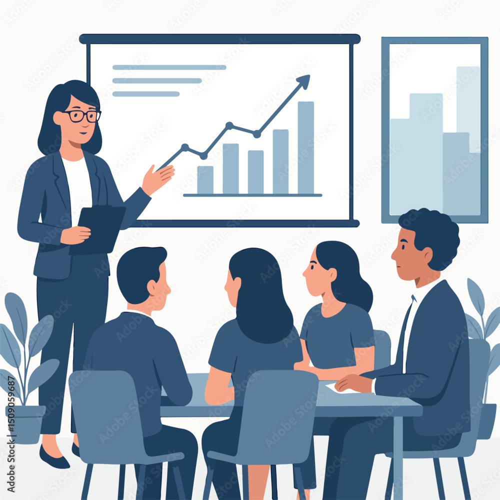 Flat Vector Business Meeting Illustration – Woman Presenting to Team in Modern Office with City View Flat Vector Business Meeting Illustration – Woman Presenting to Team in Modern Office with City View