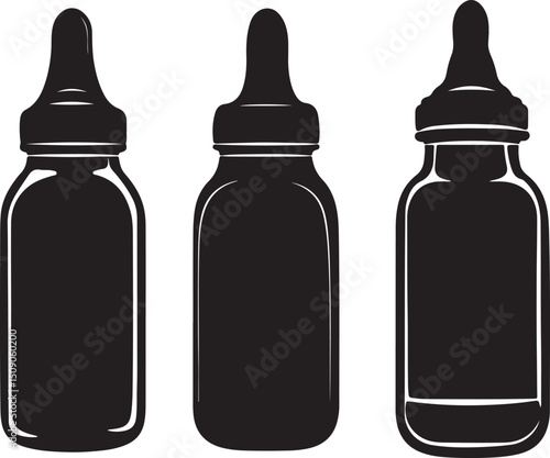 Baby Bottles Vector Silhouette Illustration, Infant Feeding, Newborn Care, Black and White Clipart