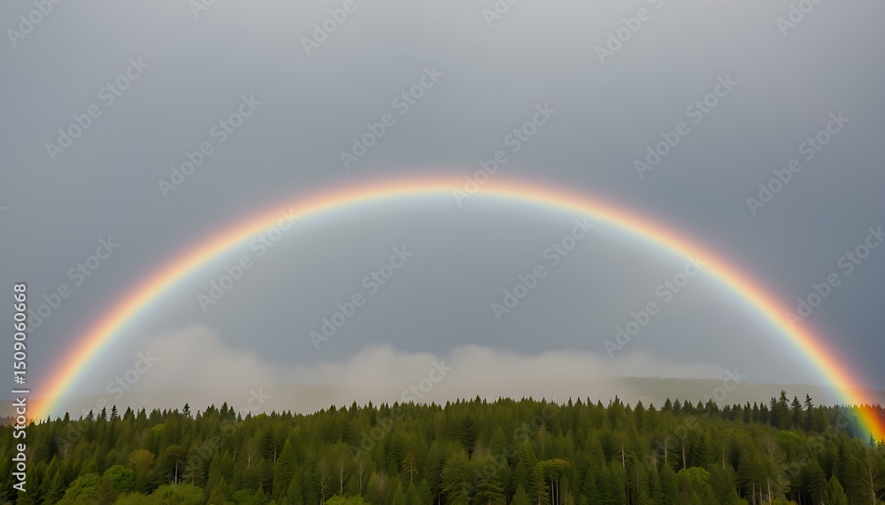 Naklejka premium Double rainbow appearing over distant forest after rainfall