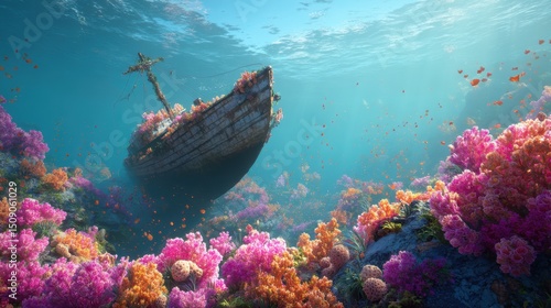 Fototapeta Naklejka Na Ścianę i Meble -  shipwreck overgrown with colorful corals and sponges, peaceful tropical scene